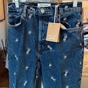 Reformation high rise Jean with dice embroidery. Fun. Flattering.